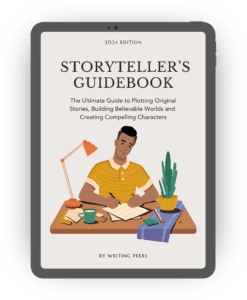 Cover of the 2024 edition of 'Storyteller's Guidebook: The Ultimate Guide to Plotting Original Stories, Building Believable Worlds, and Creating Compelling Characters.' The cover shows an illustration of a person writing at a desk, surrounded by a lamp, a plant, a cup, and notebooks, with the guidebook title above them.