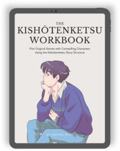 Cover of 'The Kishōtenketsu Workbook: Plot Original Stories with Compelling Characters Using the Kishōtenketsu Story Structure.' The cover features an illustration of a person sitting in a thoughtful pose, wearing a purple sweater over a collared shirt, with the title and subtitle displayed above them.